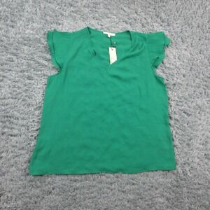 Les Serein Shirt Womens Large Green Ruffle Flutter Sleeve V Neck Blouse NWT